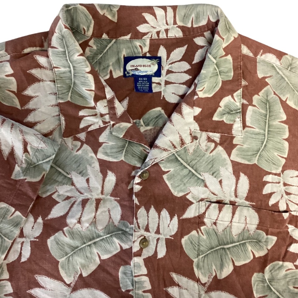 Island Blue Mens 4X Hawaiian‎ Shirt Silk Cotton Blend Tropical Leaf Print Brown